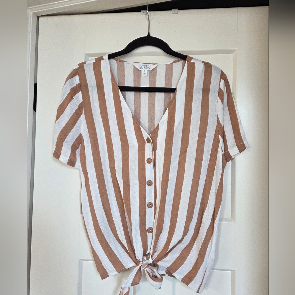 Market & Spruce Striped V-Neck Button-Down Tie-Front Top